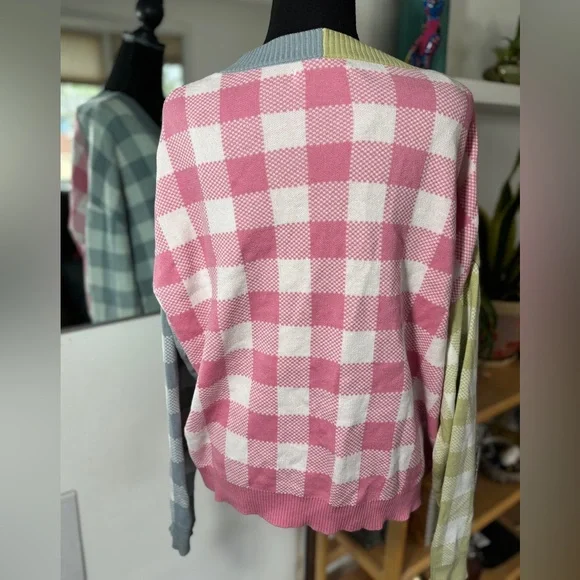 Stradivarius Gingham Cropped Oversized Colorful Tik Tok Famous Cardigan Sweater - Picture 4 of 9